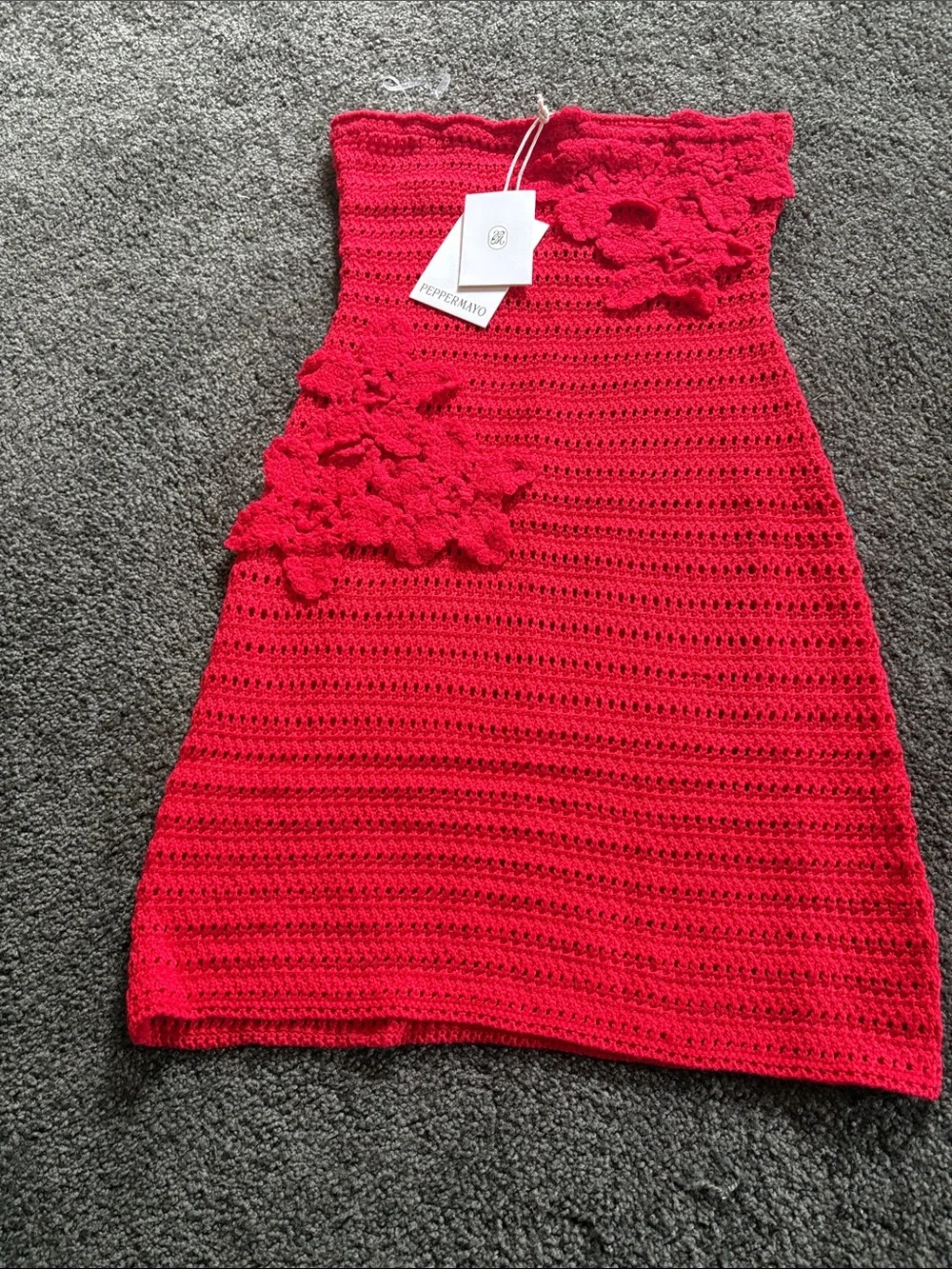 Peppermayo Bright Red Strapless Crochet Mini Dress with Floral Appliqué